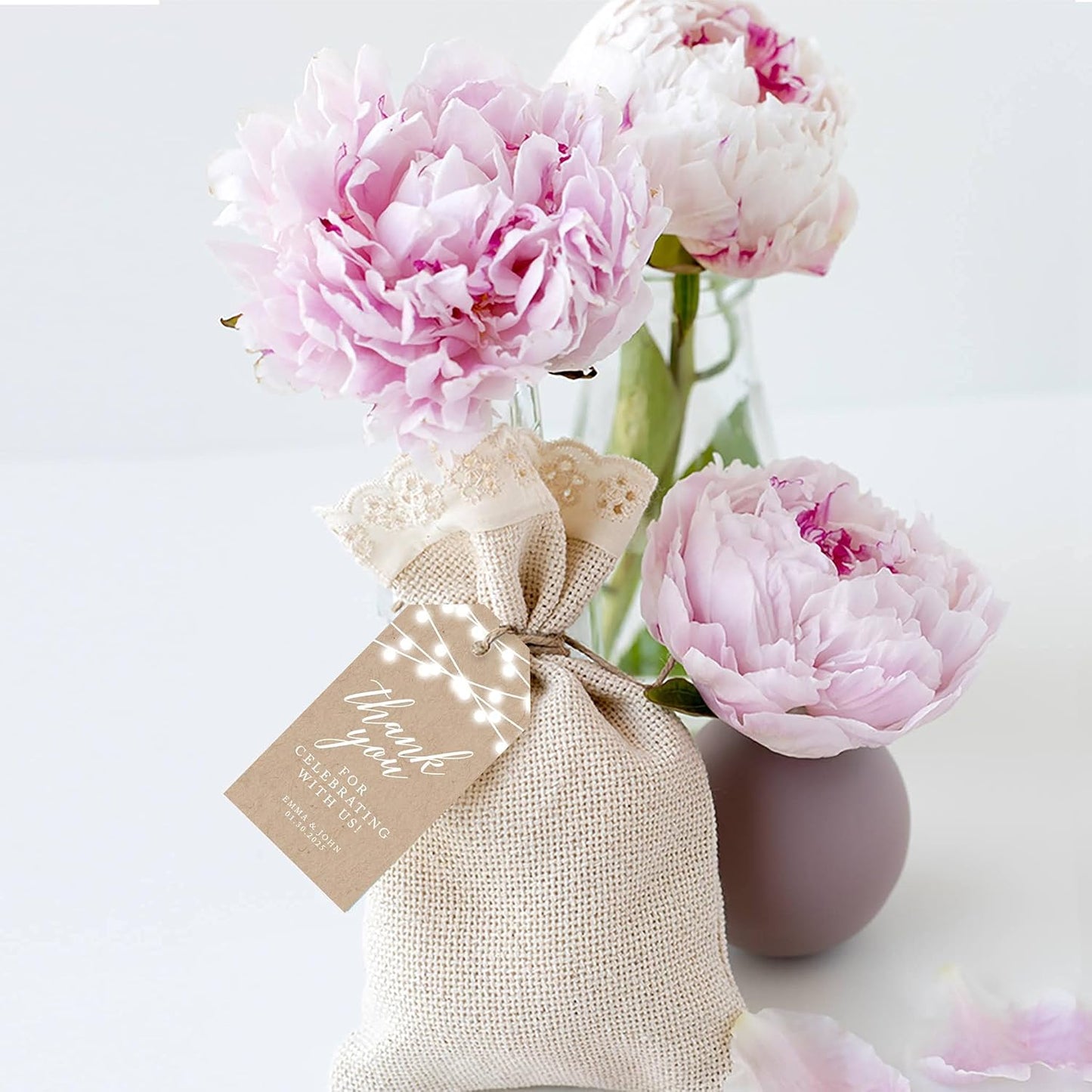 Andaz Press 100-Pack Personalized Thank You for Celebrating with Us Wedding Favor Tags with Bakers Twine Rustic String Lights Custom Cardstock Wedding Gift Tags for Party Favors 2 x 3.75-Inches