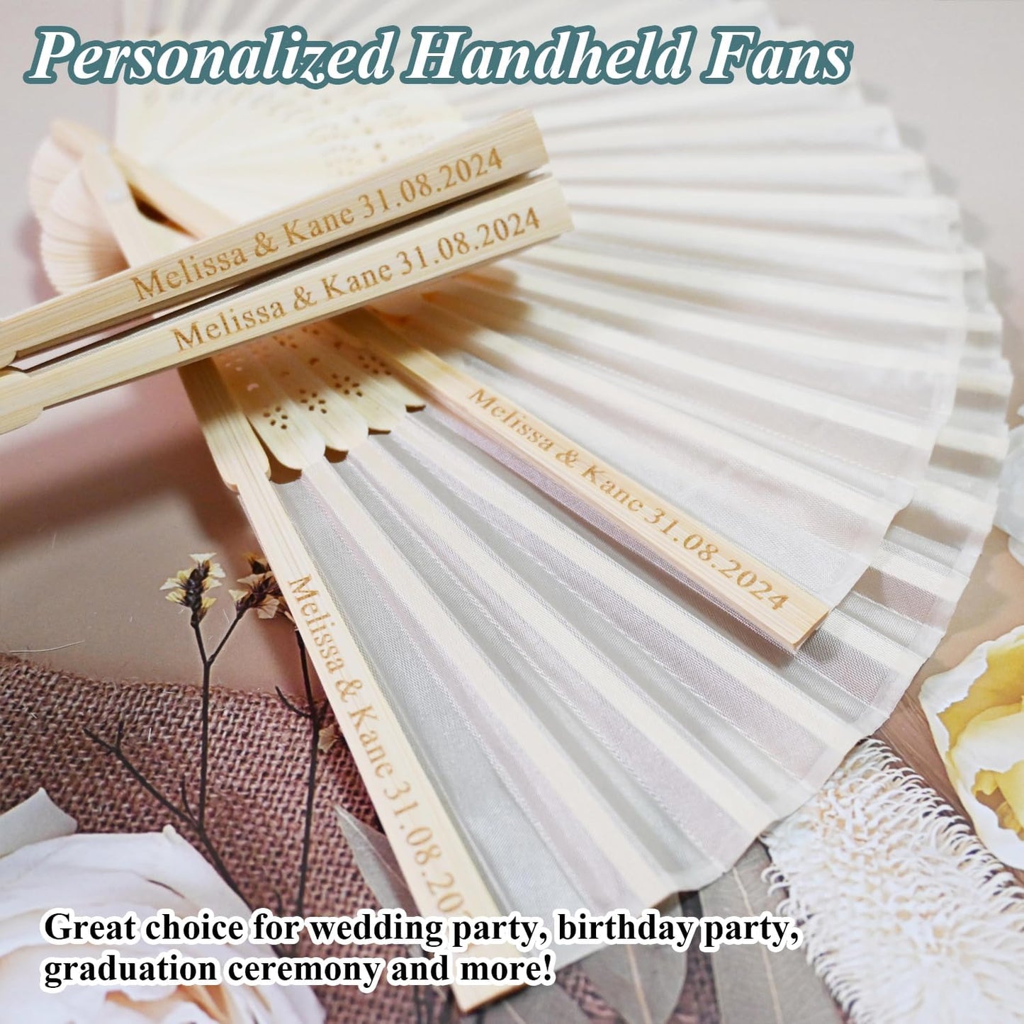 25 Pcs Personalized Cream Hand Fans for Wedding, Custom Engraved Silk Fans Folding Hand Fans, Summer Wedding Fans, Custom Wedding Party Favor Bridal Shower Gifts Baby Shower Favors