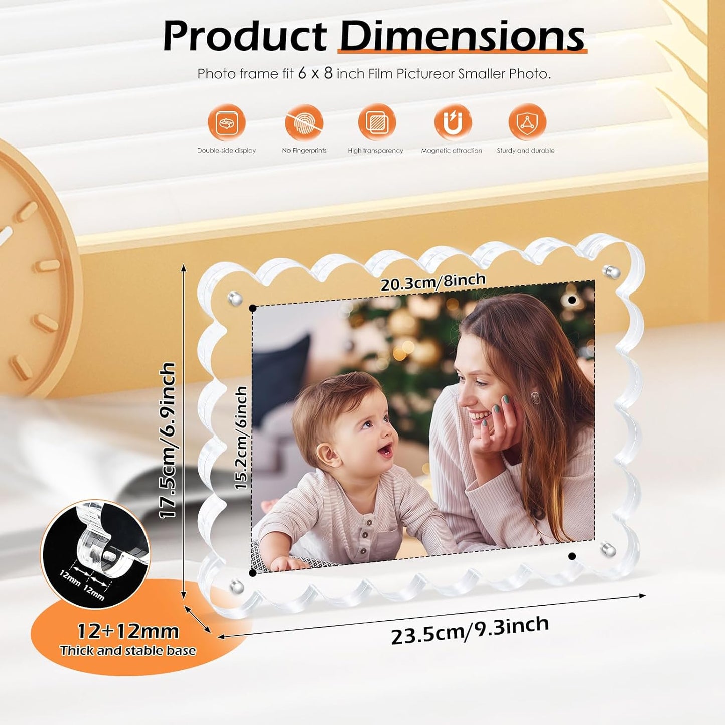 Magnetic Photo Frame 6×8Inch -3Pack Acrylic Scalloped Glass Frames, 12+12mm Thick Double-Sided Design, Clear Picture Frame with Thick Block | Trendy Home Gift Set Stylish Acrylic Frames (3Pack, 6×8)