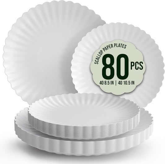 Trendables Scalloped Paper Plates 8.5 Inch & 10.5 Inch 80 Pcs Dinner Plate Set Fancy Disposable Plates for Party for 40 Guests 40 X 8 & 40 X 10 Large & Small Paper Plate Set for Parties Snow