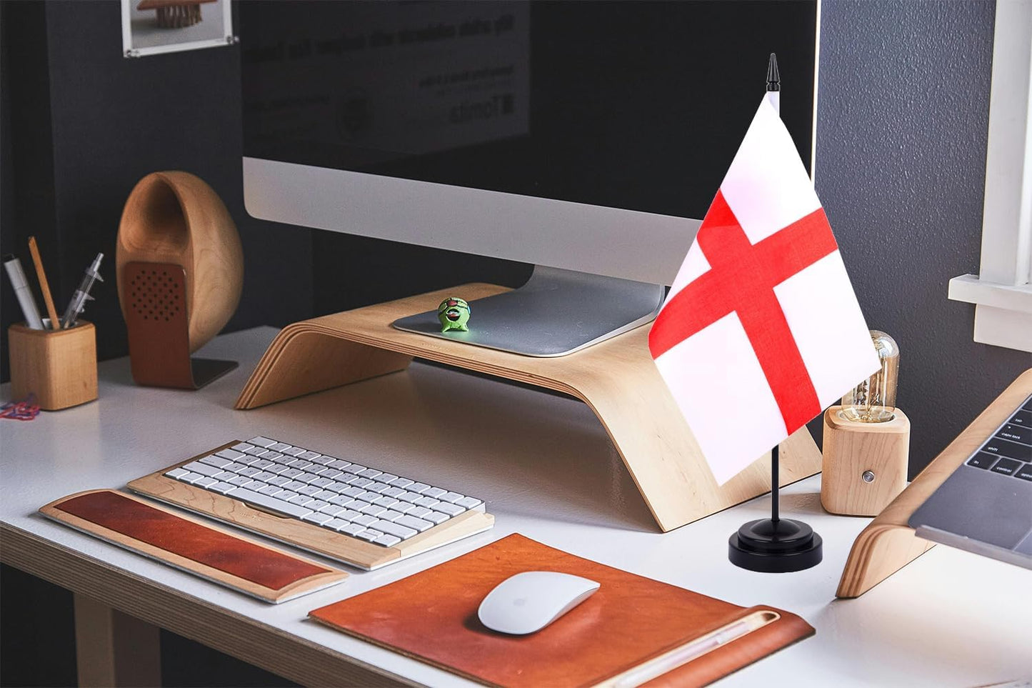 WXTWK 2 Pack England Flag England Deluxe Desk Flag Set - Mini Small Englander Table Office Flags with Black 12" Solid Pole Stand Base Classroom Meeting Desktop Decorations