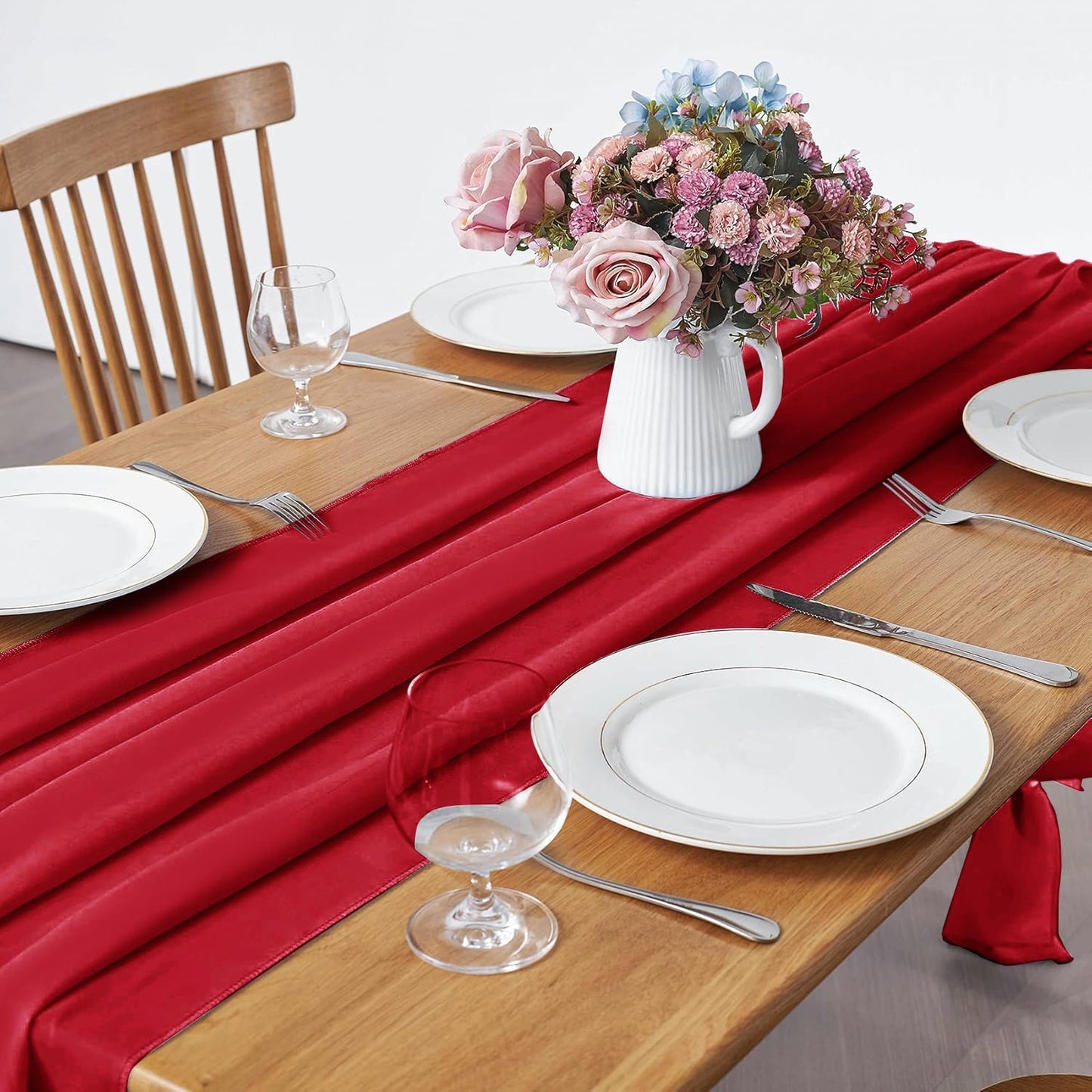 2 Pack 10Ft Red Chiffon Table Runner Sheer 29x120 Inch for Romantic Wedding Decor Bridal & Baby Shower Birthday Rustic Party Decoration