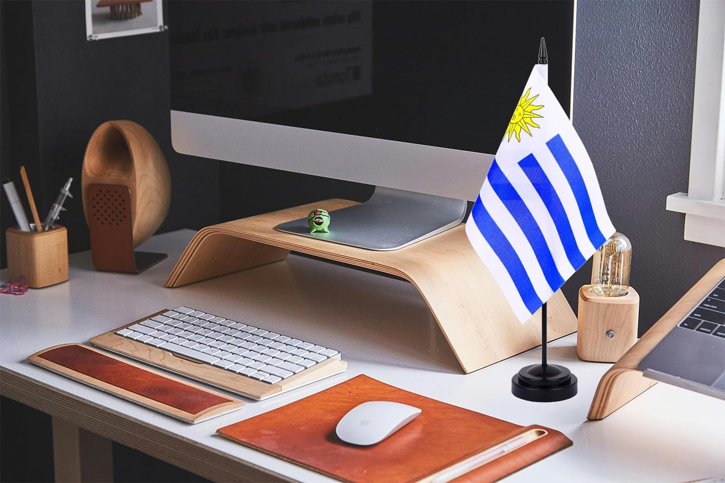 WXTWK 2 Pack Uruguay Flag Uruguay Deluxe Desk Flag Set - Mini Small Uruguayan Table Office Flags with Black 12" Solid Pole Stand Base Classroom Meeting Desktop Decorations