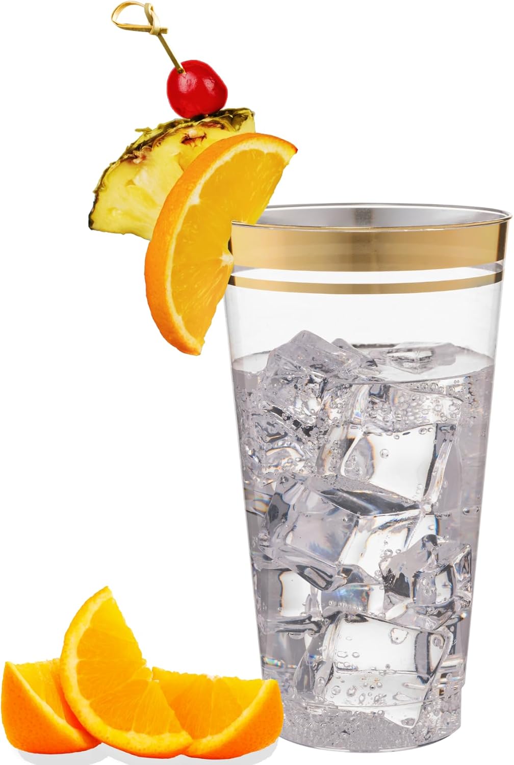 Perfect Settings Gold Rimmed Disposable Plastic Cups, Clear Hard Plastic Drinking Glasses for Cold Beverages & Cocktails, BPA-FREE, Disposable Wedding Cups, 16 oz. (Pack of 100)