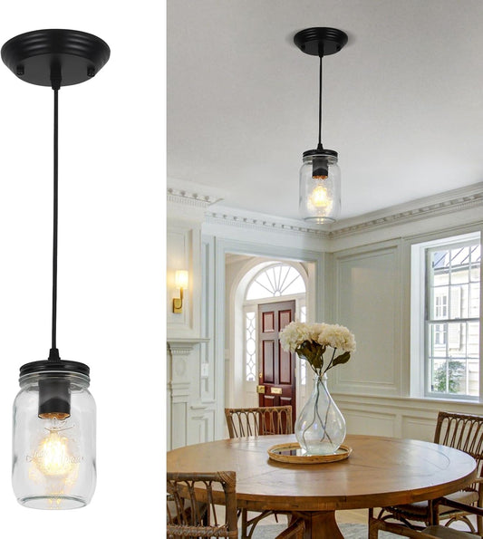Glass Pendant Lights Kitchen Island, 1-Light Black Pendant Light Fixtures with Mason Jar Clear Glass Shade, Farmhouse Hanging Light for Kitchen Sink Dining Room Bedroom Hallway