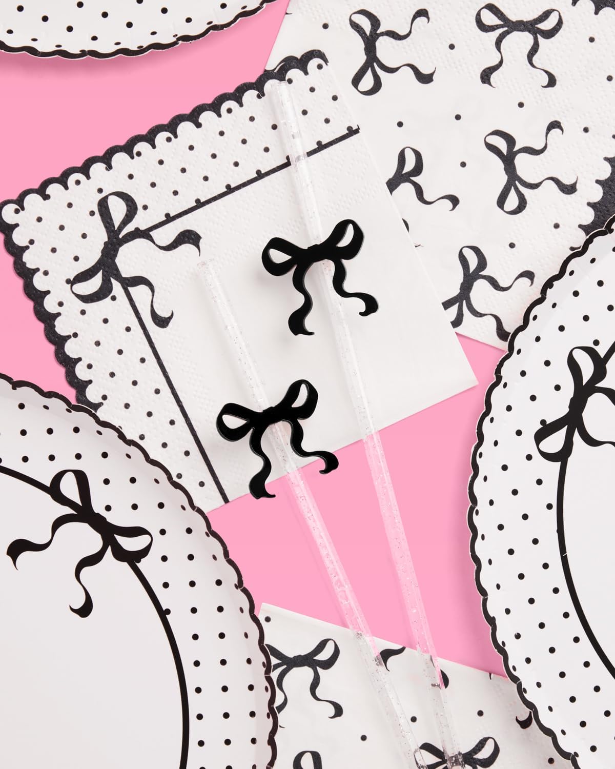 xo, Fetti Black Bow Reusable Straws, 12pcs - Clear Glitter Plastic | Birthday Drink Decorations, Coquette Drinkware, Tying the Knot Party Favor, Bachelorette Decor