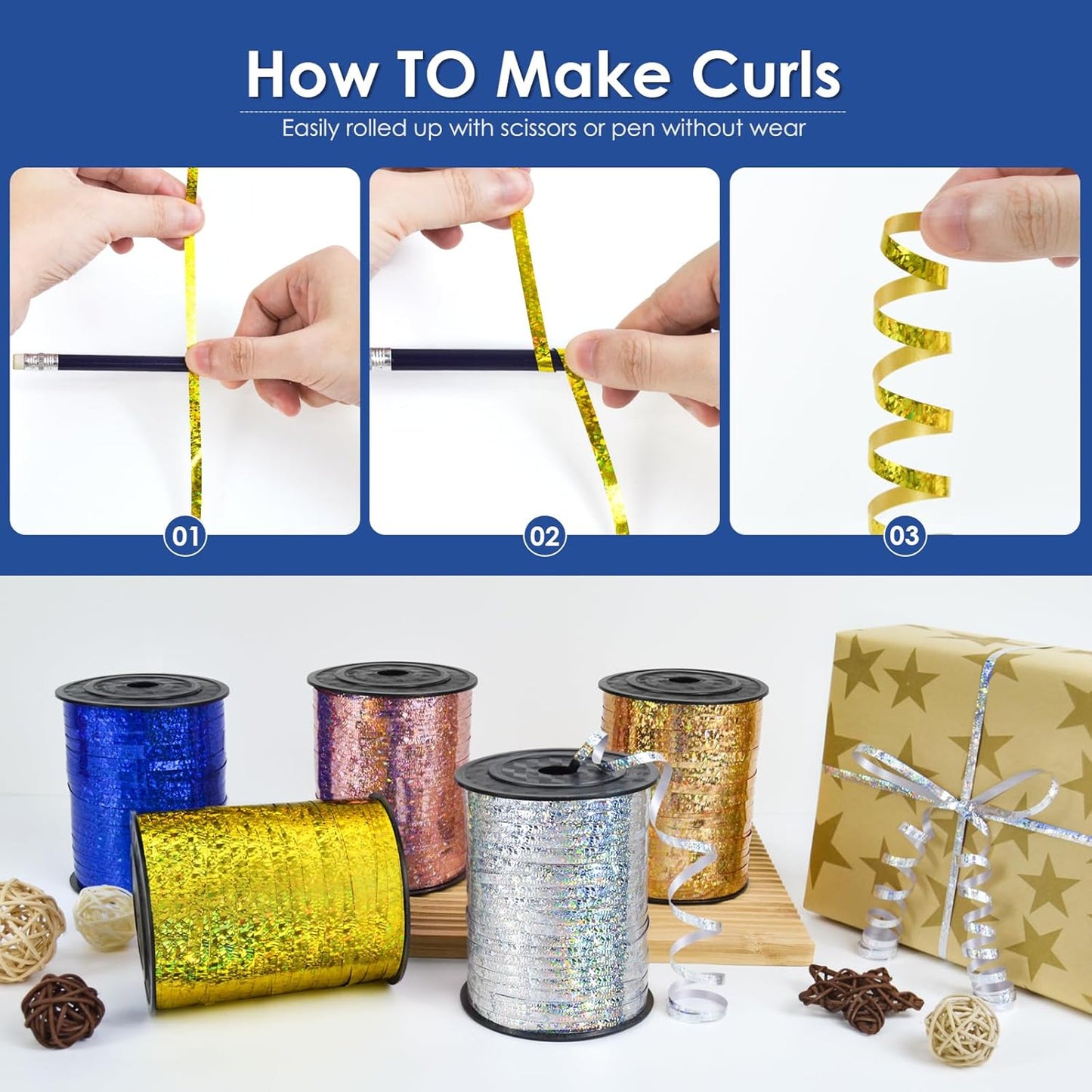 Blue Curling Ribbon - 500 Yard Shiny Metallic Curly, Thin Gift Ribbon for Wrapping, Balloons, Florist Flowers