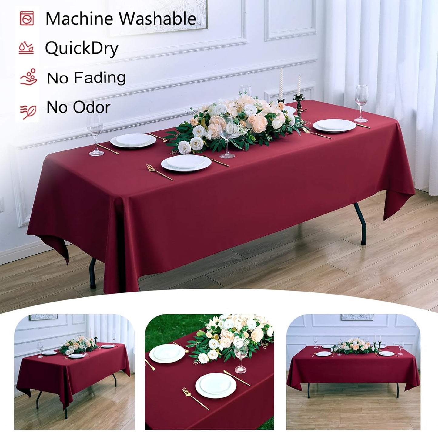 Burgundy 6 Pack Polyester Table Cloth 60 x 84 Inch, Rectangle Tablecloths for 6 Foot Tables Washable Table Cloth for Party Wedding
