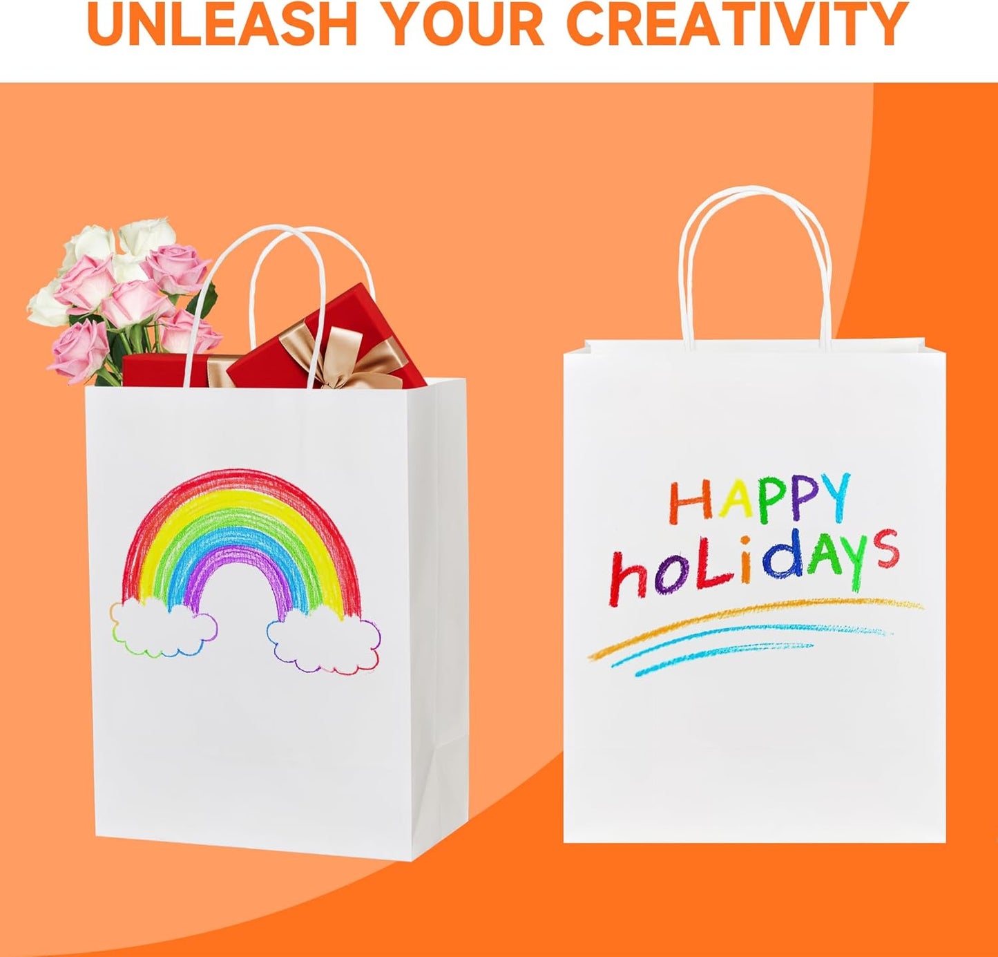 METAPRINT 100 Pack Paper Gift Bags with Handles in Bulk, 5.8x3.2x8.25 Inch Small White Kraft Paper Bag for Birthday Party Favors Grocery Retail Shopping Business Goody