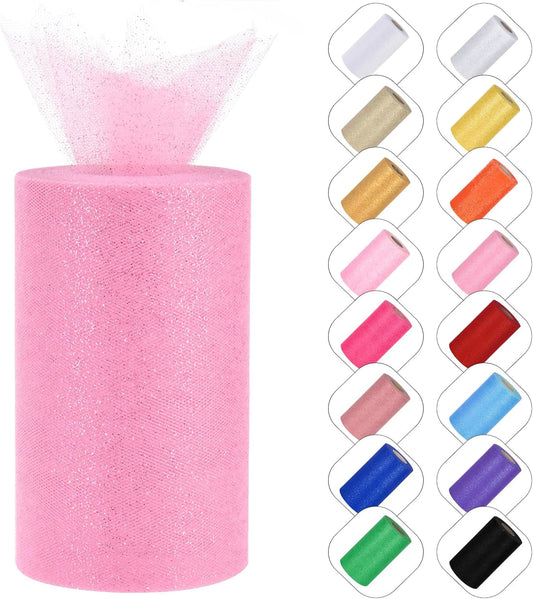 Glitter Tulle Rolls 6” by 50 Yards Sparkle Tulle Fabric Ribbon Sequin Tulle Netting Rolls for DIY Tutu Skirt Wedding Birthday Party Decoration (Pink)