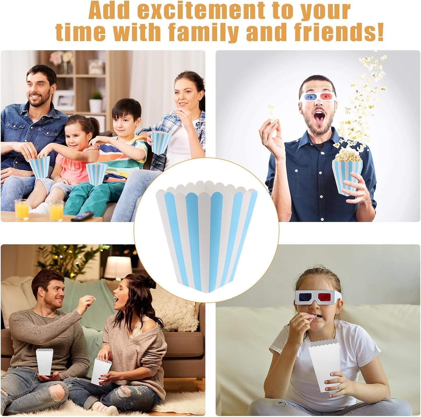 50 Pcs Popcorn Boxes Mini Paper Popcorn Box Cardboard Popcorn Container for Party Disposable Snack Candy Popcorn Bags Popcorn Holder for Movie Nights Birthday Wedding (Light blue,White)