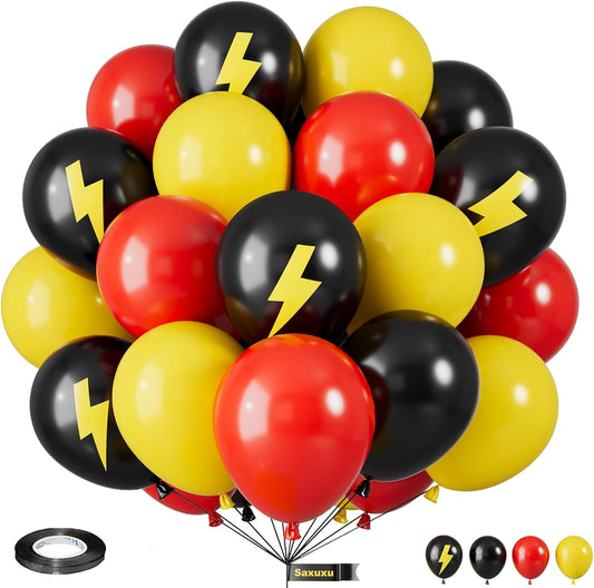 Red Yellow and Black Balloons, 12 Inch Lightning Print Balloons, Yellow Red Black Lightning Printed Latex Helium Balloon for Girls Boys Birthday Race Car Theme Party Decorations