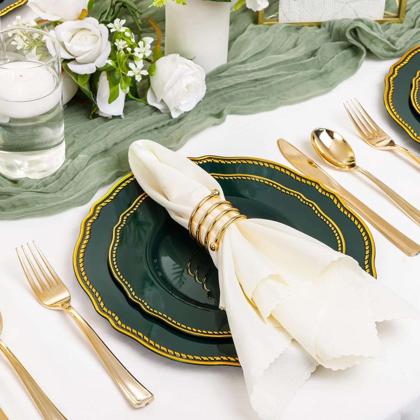 Hioasis 60pcs Green Plastic Plates - Green and Gold Disposable Dinnerware with Gold Rim, Heavy-duty, 7.5 inch, Dessert Plates for Party & Wedding