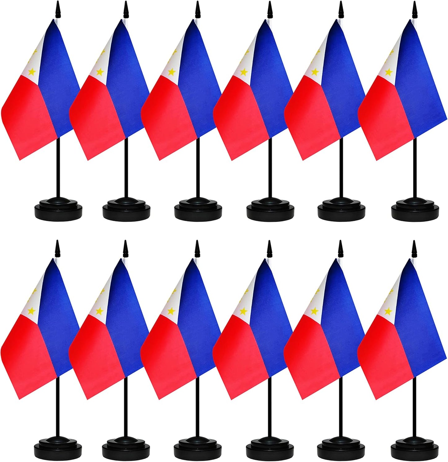 12 Pack Philippine Desk Flags Set, Philippine Small Mini Table Office Flags with 12" Solid Black Pole, 8.2 x 5.5 Inches, Home and Office Decoration, Festival Celebrations