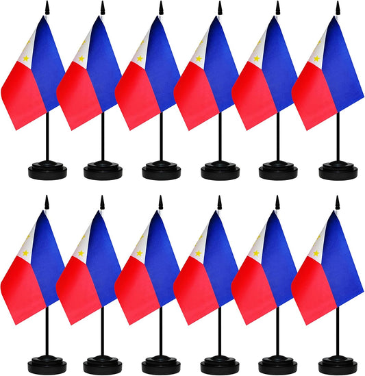 12 Pack Philippine Desk Flags Set, Philippine Small Mini Table Office Flags with 12" Solid Black Pole, 8.2 x 5.5 Inches, Home and Office Decoration, Festival Celebrations