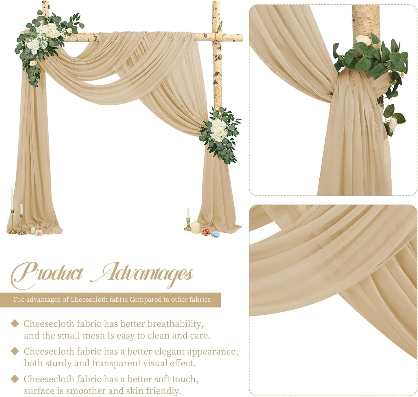 4 Panels Beige Cheesecloth Draping Fabric 35" x 20FT Gauze Fabric Arch Drapes for Wedding Reception Sheer Backdrop Photo Background Household Curtain or Outdoor Curtain