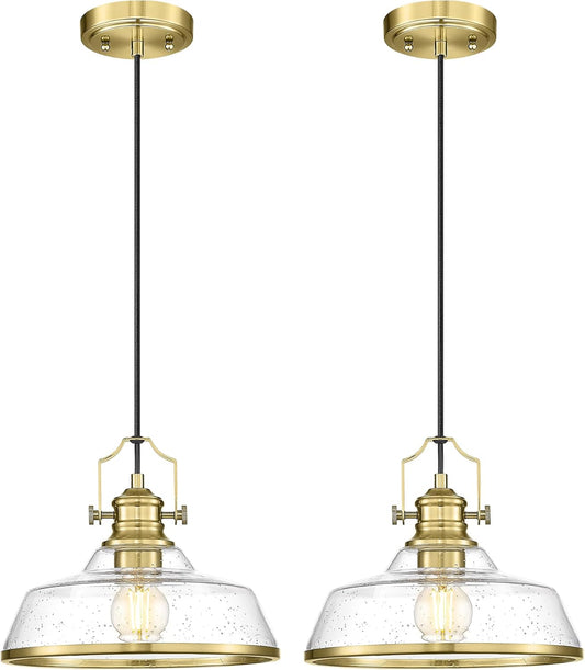 kudos 2 Pack Gold Pendant Lights Kitchen Island, 11" Brass Kitchen Island Lighting with Seeded Glass, Farmhouse Hanging Light Fixture for Kitchen Sink Dining Room Hallways, KDPL13-GD-S-2PK