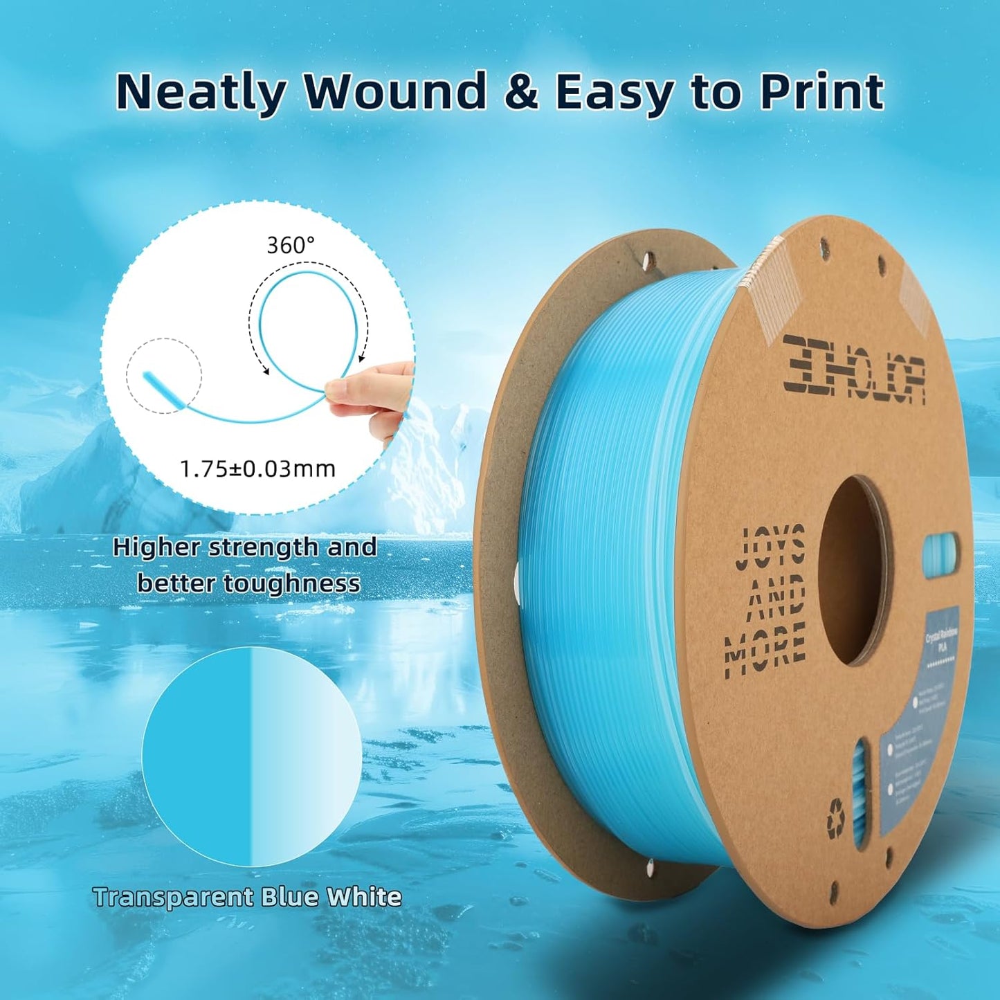 Transparent Multi Rainbow Color Gradient Change PLA 1.75mm 1KG 3D Printing Filament Crystal Rainbow PLA Clear PLA Filament with Cardboard Spool-Glacier