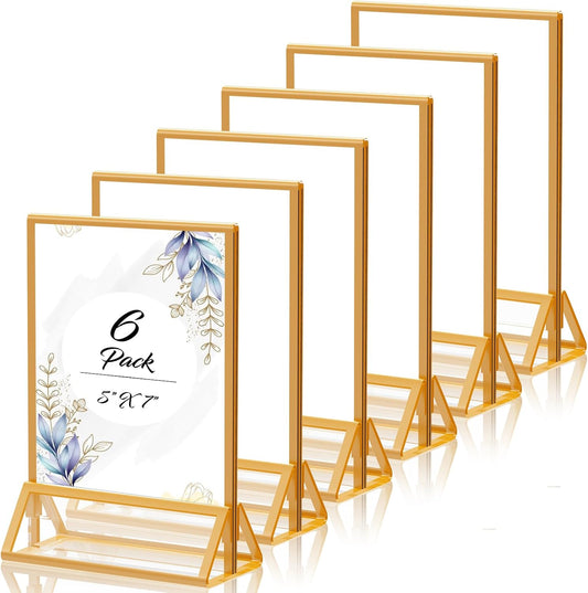 Gold Picture Frame 5X7 Acrylic Sign Holder with Gold Borders Double Sided Acrylic Frames Clear Display Stand, Plastic Sign Holder for Wedding Table Numbers Menu Holder (6 Pack)