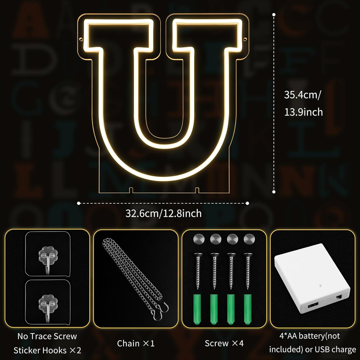 Light Up Letters U, Led Marquee Letter Lights Neon Sign, 13.9" Height Decorative Lighted Alphabet Number, Battery/USB Powered Led Letters Lights for Wedding, Birthday, Party, Christmas or Home Decor