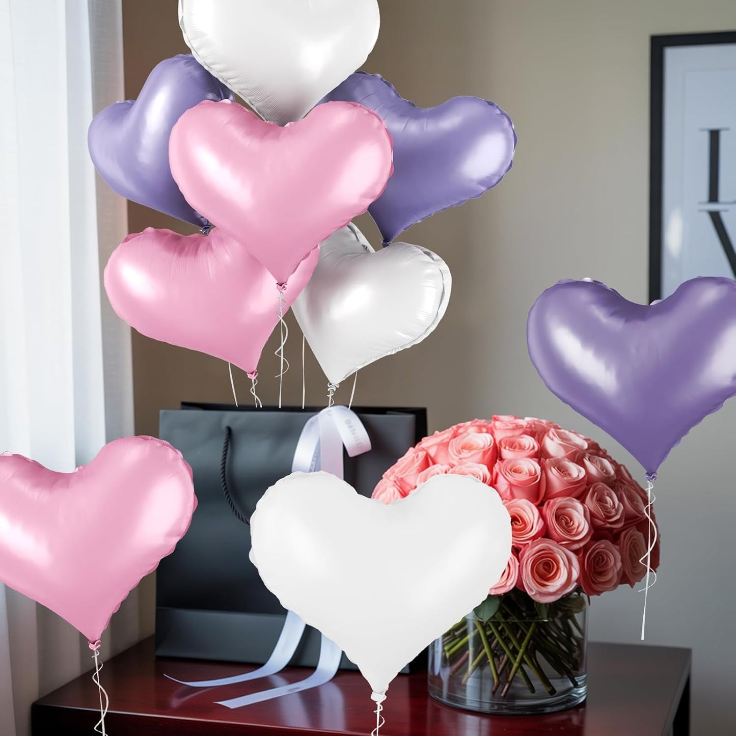24 Inch Pink Purple White Heart Balloons, Pink Purple Heart Shaped Foil Balloons, Heart Balloon for Girls Women Valentines Day Bridal Shower Wedding Birthday Party Supplies