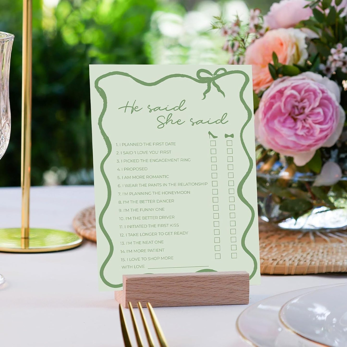 DEEKA 30 PCS Bridal Shower Games Card for 30 Guests Sage Green Wavy Border Ribbon Bow Funny Wedding Bachelorette Party Games for Reception (He Said She Said)