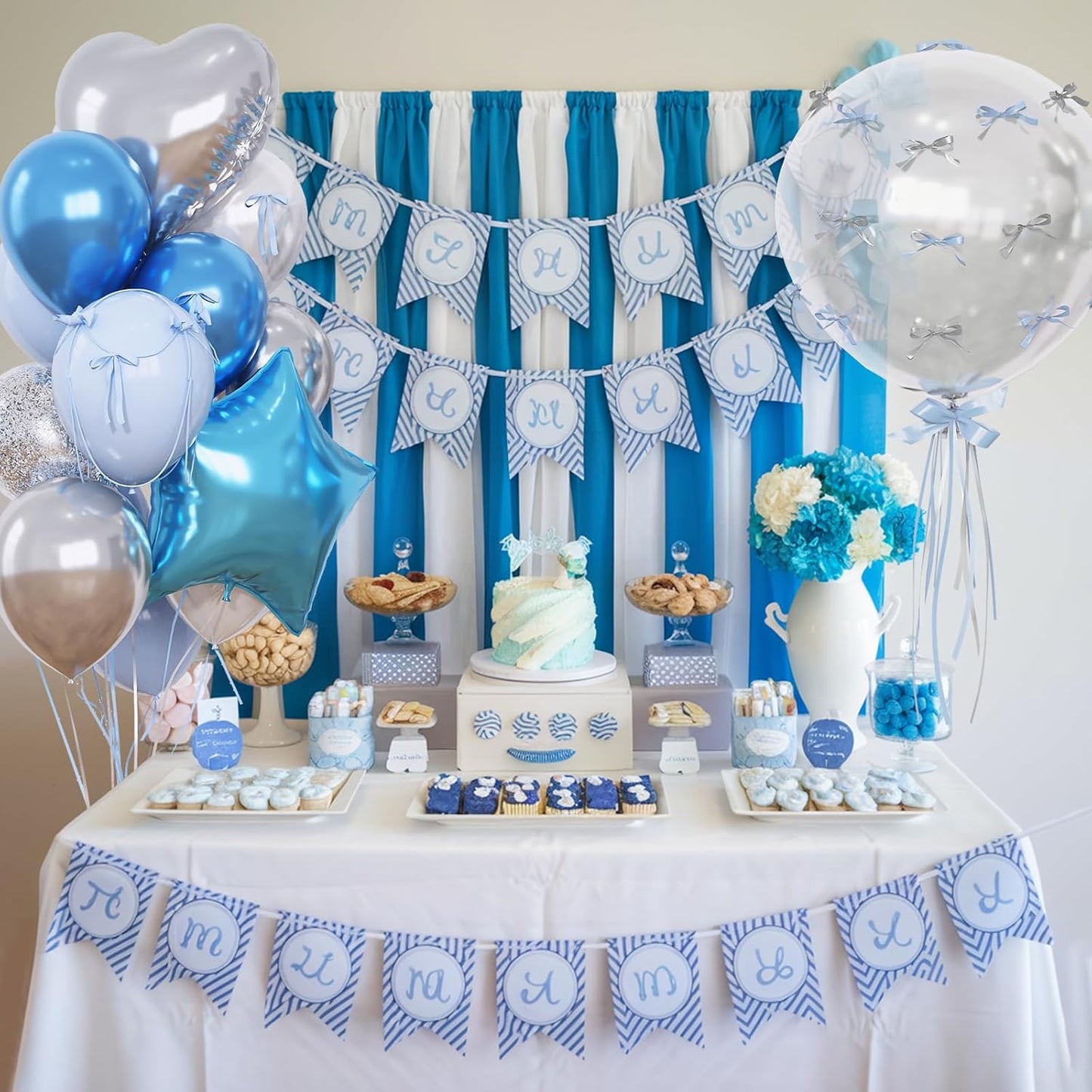 Blue and Silver Balloons Heart Star Mylar Balloons, Happy Birthday Decorations for Men Women, Metallic Light Baby Blue Silver Balloon 18 in Clear Confetti Heart Star Shape Foil Balloon as Party Decor