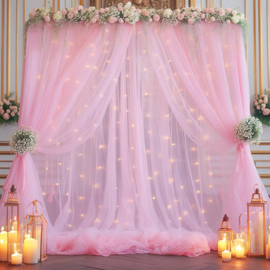 20×10ft Pink Tulle Backdrop Curtain with Lights String for Parties, Sheer Photo Backdrop Curtains for Wedding Party Photography Background