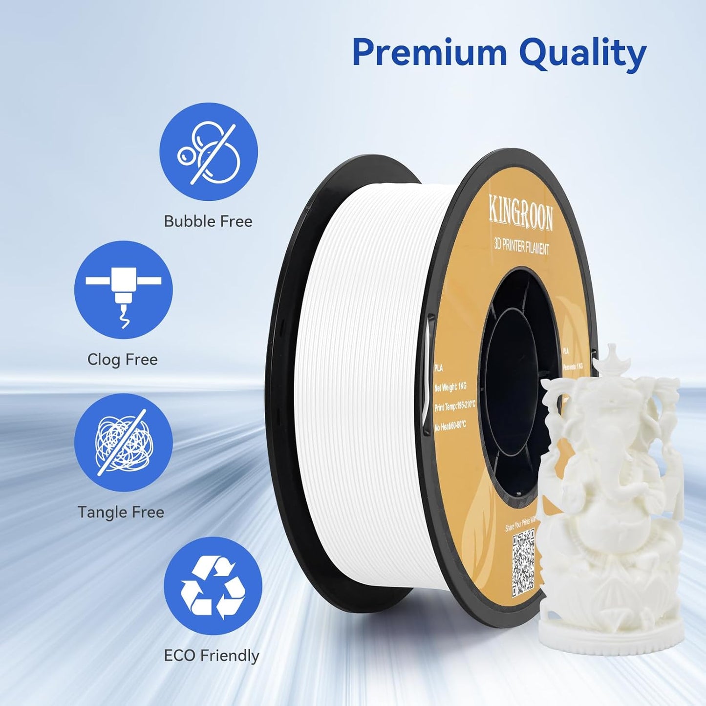 Kingroon White PLA Filament 1.75mm 3D Printer Filament Pla Filament 1kg Filament Dimensional Accuracy +/- 0.02mm, Fit Most FDM Printer
