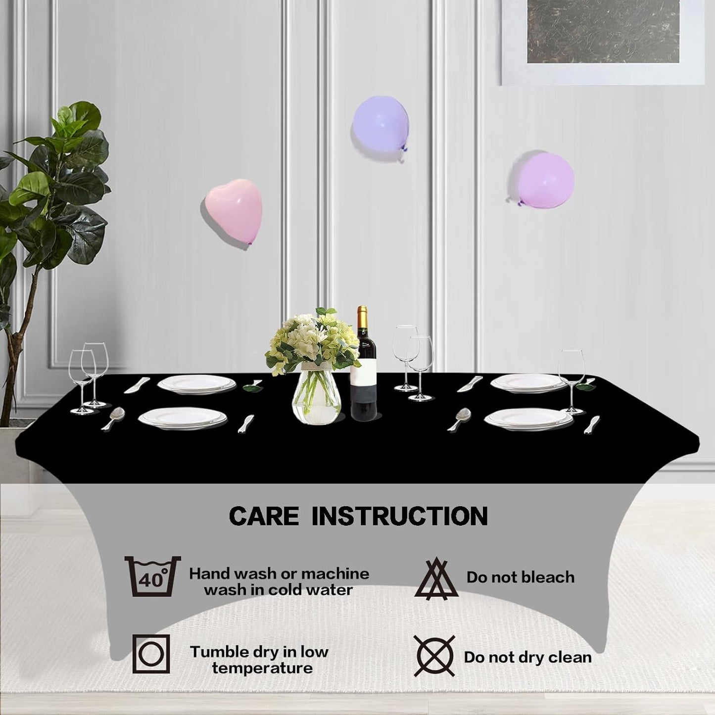 IVAPUPU 2 Pack 8FT Table Cloth for Rectangular Fitted Events Stretch Black Table Covers Washable Spandex Tablecloth Protector for Party, Wedding, Cocktail, Banquet, Festival