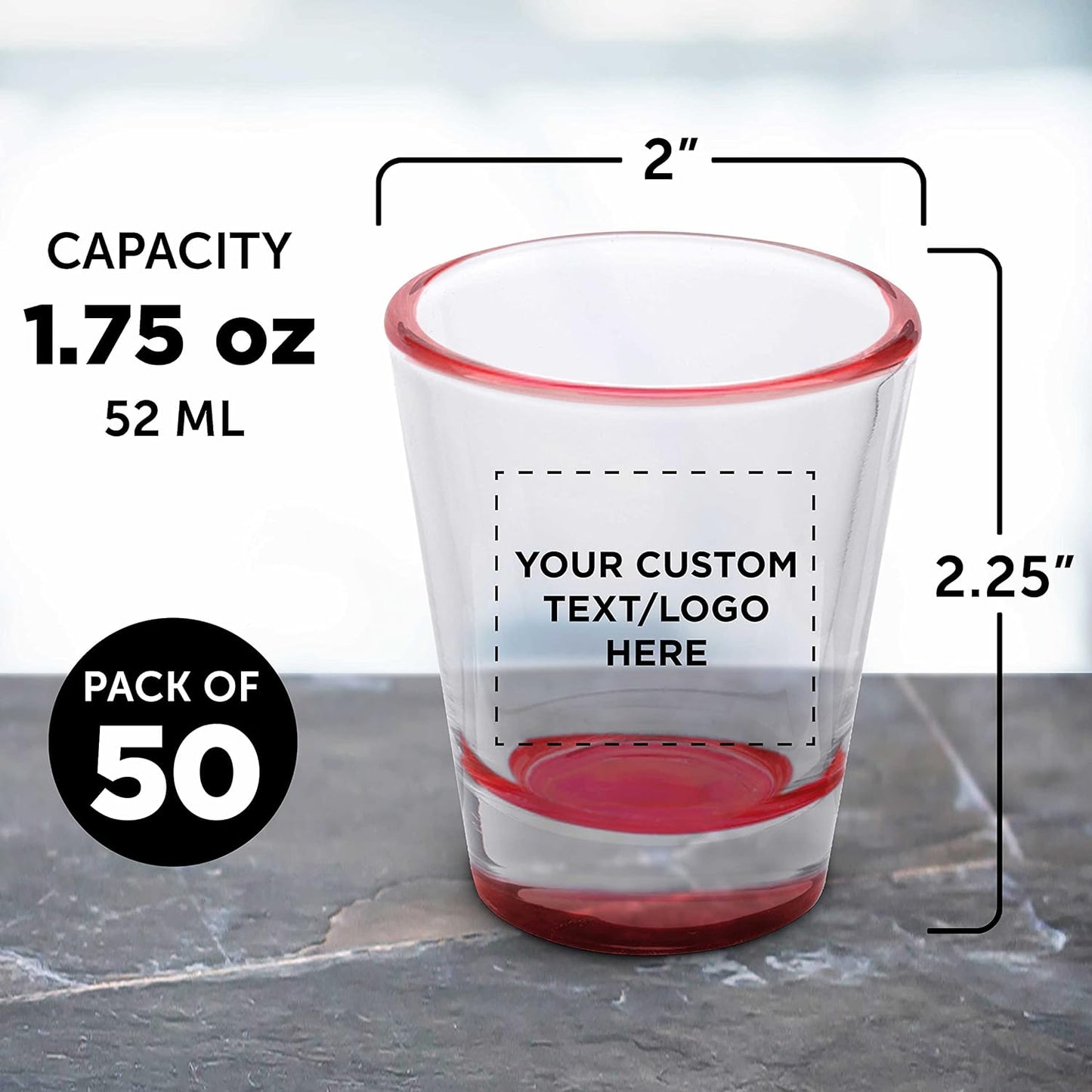 Custom Shot Glasses 1.75 oz. Set of 50, Personalized Bulk Pack - Great for Wedding Favors, Bachelorette Party Decorations, Party Fovors, Color Bottom - Red
