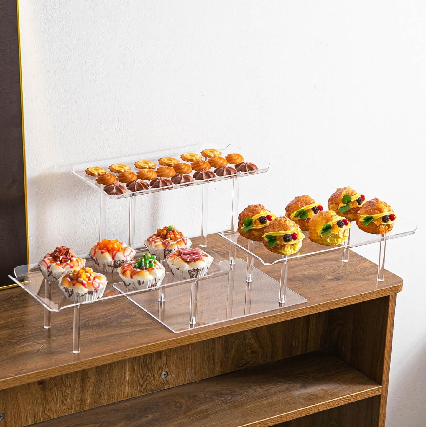 Acrylic Dessert Table Display Set, Clear Cupcake Stand, 3 Tiered Serving Trays and Platters, Buffet Riser and Stand Appetizer Sandwiches Cookie Display Stand Finger Food Display Trays for Party Bases Para Postres