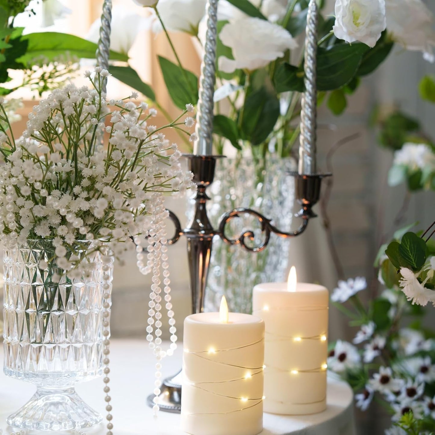 Upinmz Flickering Flameless LED Candles with String Lights, Remote Control and Timer - 3 Pack Ivory White Acrylic