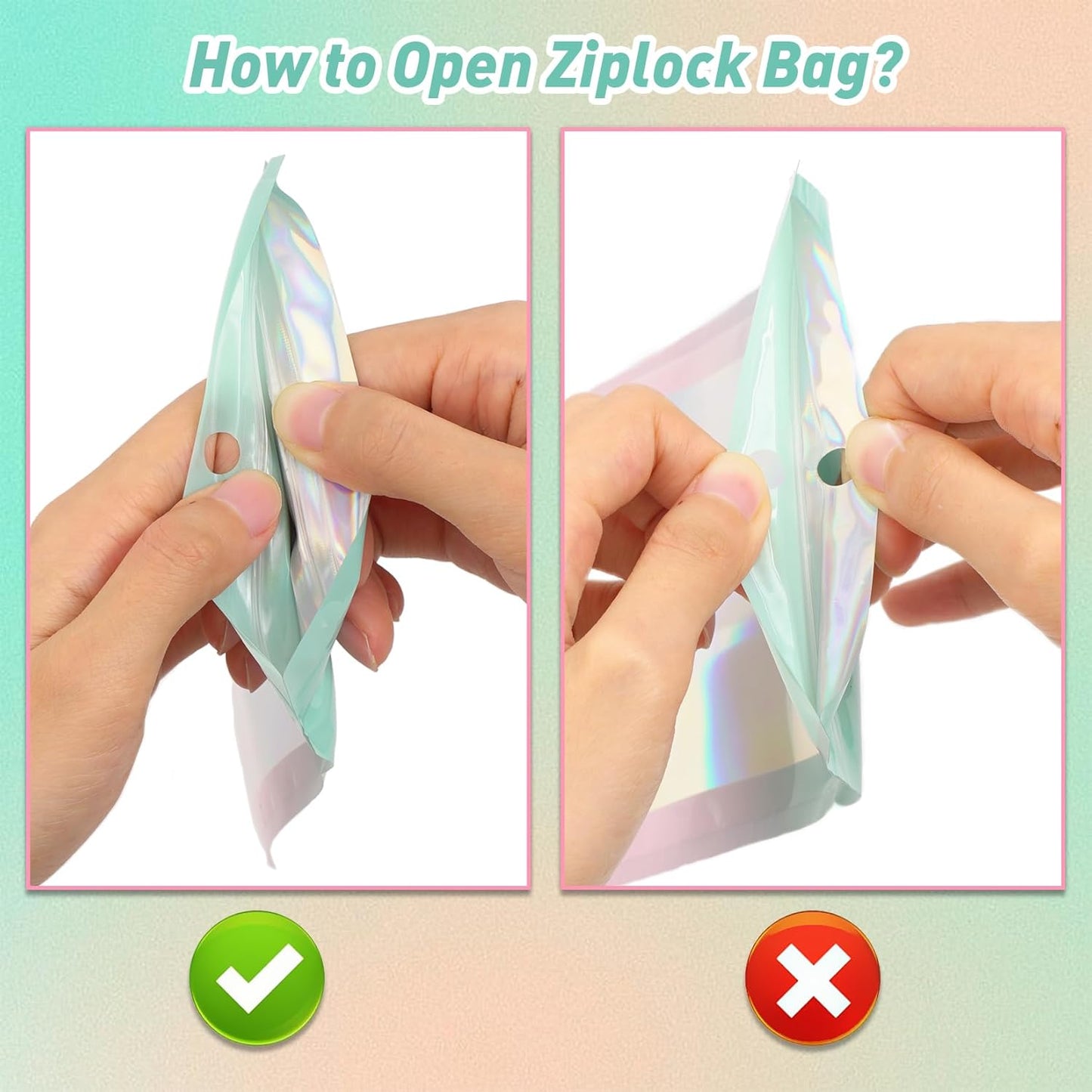 Funfery 100 Pack Gradient Holographic Bags,Mylar Resealable Bags with Zipper,Clear Window Packaging Pouchs,Smell Proof Foil Bag for Food Storage,Sample Jewelry Bag(3.5x4.7In,Green Pink)