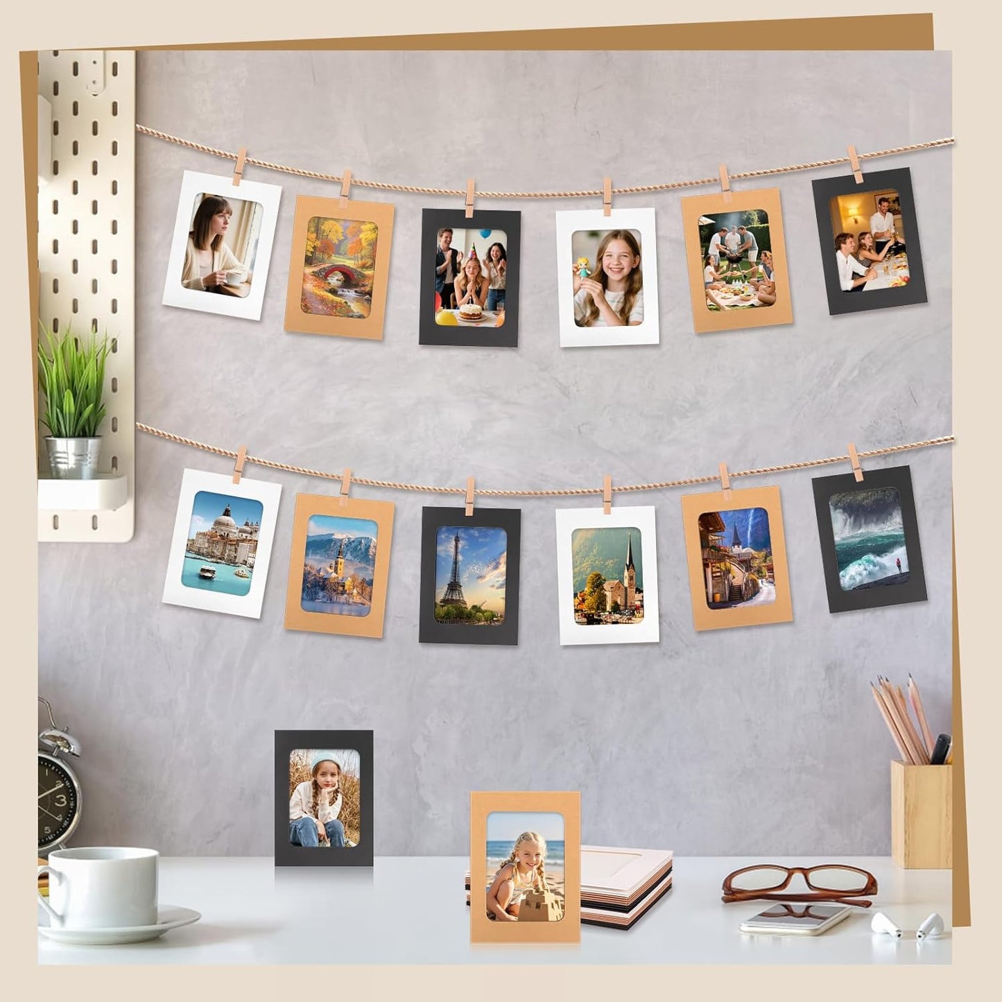 100 Pack Paper Picture Frames, 4x6 Inch Photo Strip Frame Hanging Photo Display Banner, 3 Colors Photo Holder with Wooden Clips and String for Wall Decor and Party Supplies
