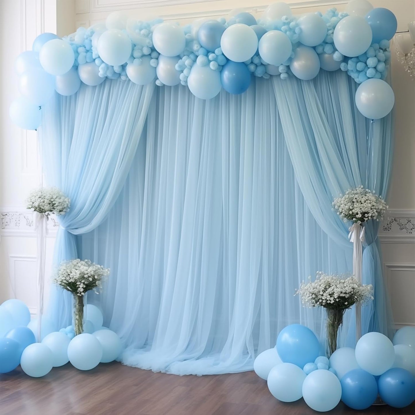 20x10 Blue Tulle Backdrop Curtains for Parties, Sheer Backdrop Curtain Wedding Photo Background Drapes for Baby Shower Photography Birthday Party