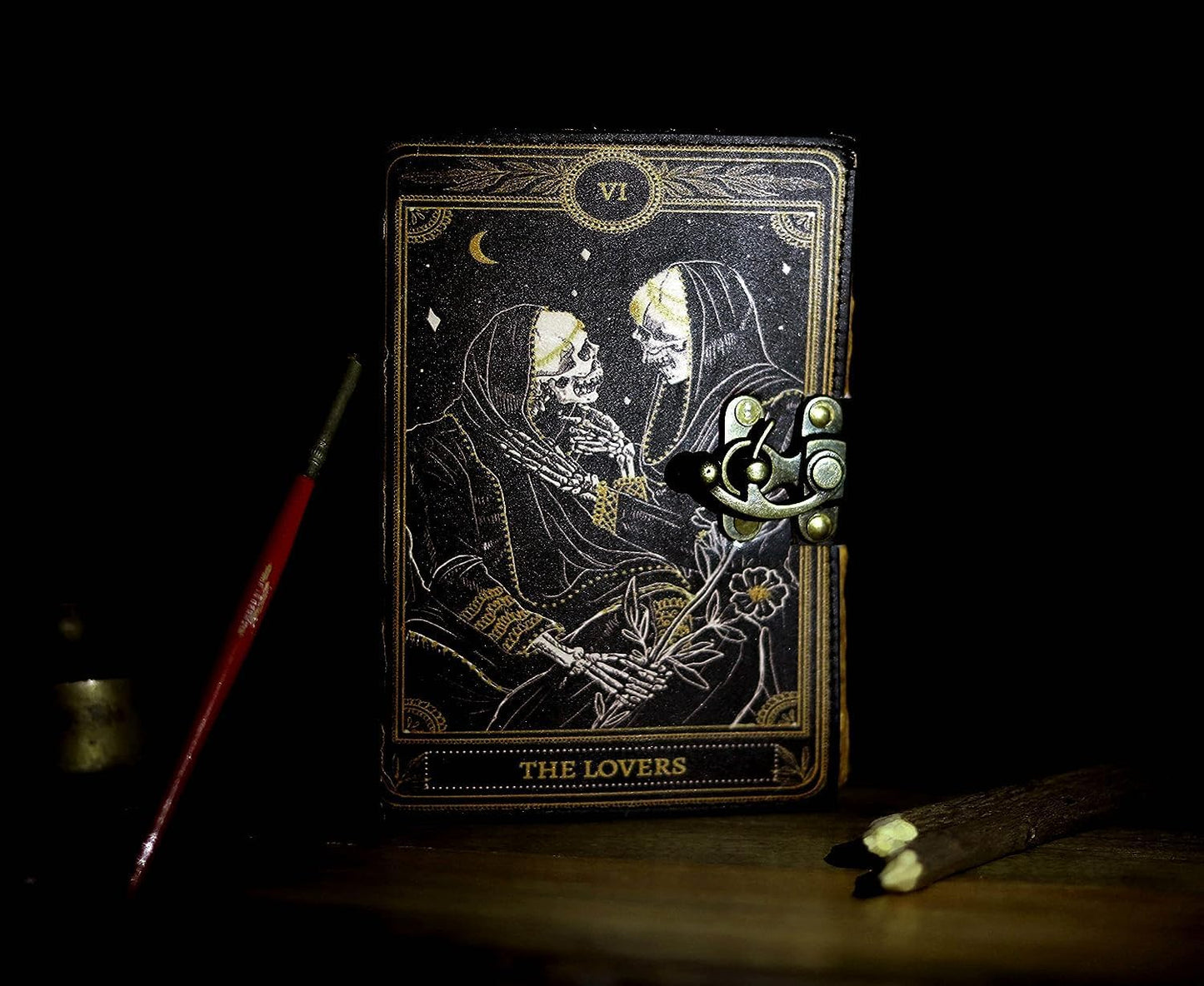 C CUERO Book of Spells Leather Journal Deckle Edge Paper Grimoire Printed Journal The Lovers Tarot Notebook Spiral Gothic Notebook Skull lover Antique Vintage Leather Journals for Men and Women (6 * 8