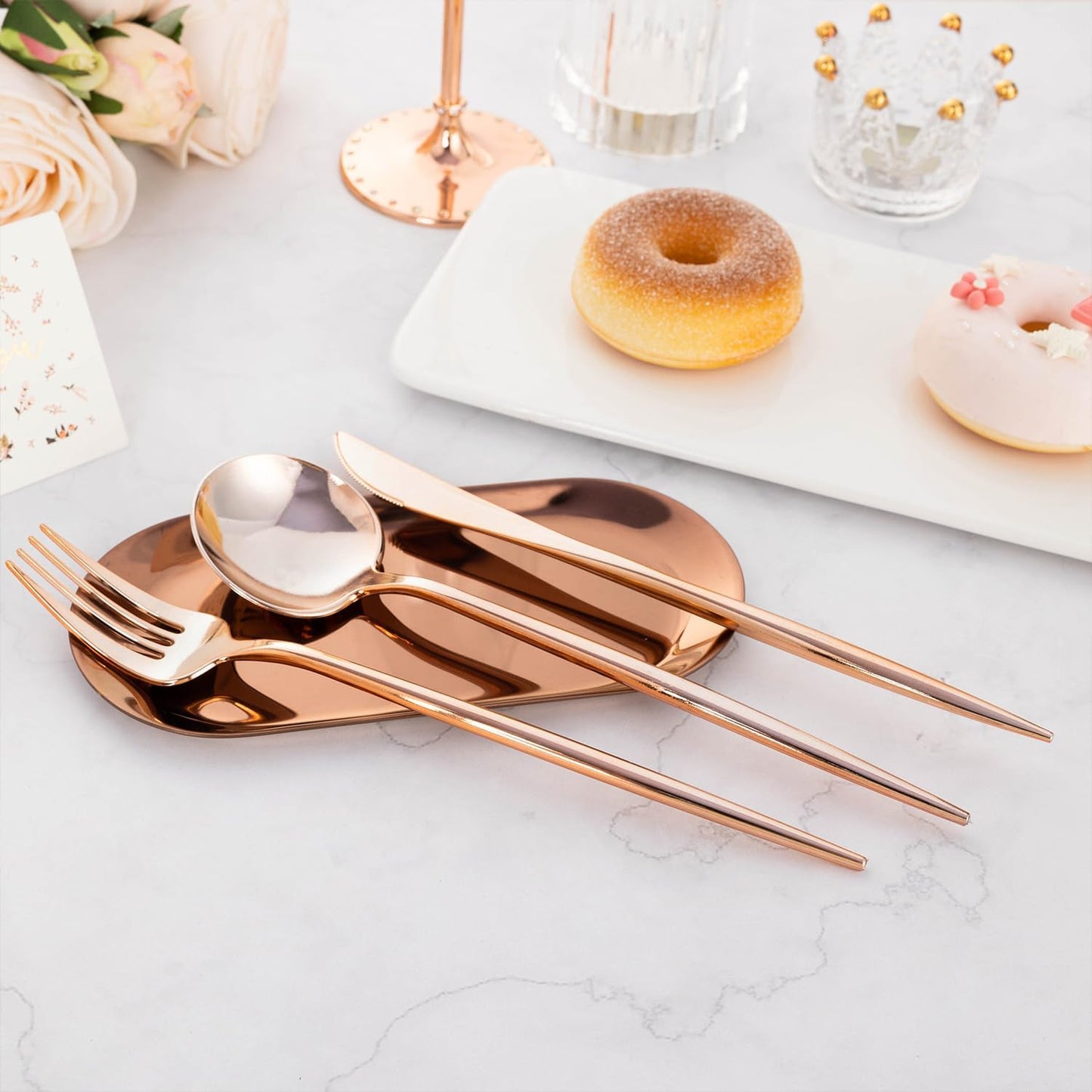 150PCS Rose Gold Plastic Silverware,Heavy Duty Disposable Utensils Include 50 Forks,50 Spoons and 50 Knives,Pink Cutlery Plastic Silverware Sets for Party, Birthday,Wedding