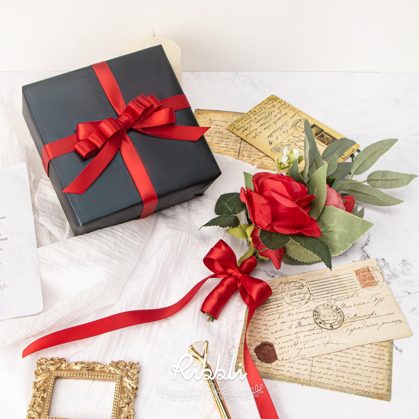 Ribbli Red Satin Ribbon 5/8 inch x Continuous 25 Yards,Double Faced Satin Use for Craft, Gift Wrapping, Christmas Ornaments, Hair Bows, Bouquet Bows