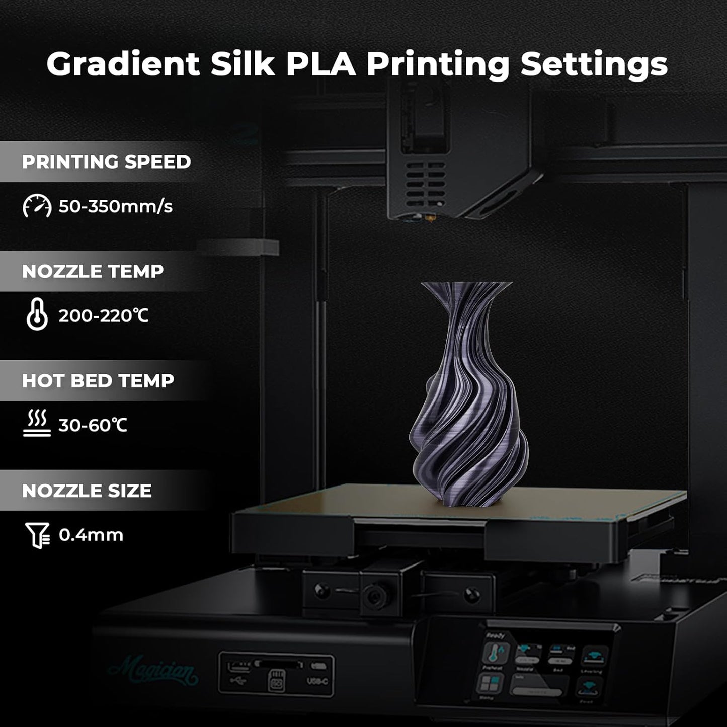 AMOLEN Silk PLA 3D Printer Filament, Dual Color Black Silver PLA 1.75mm, Shiny Color Change Filament 3D Printing PLA Filament for Most FDM 3D Printer, 1kg Spool(2.2lbs)