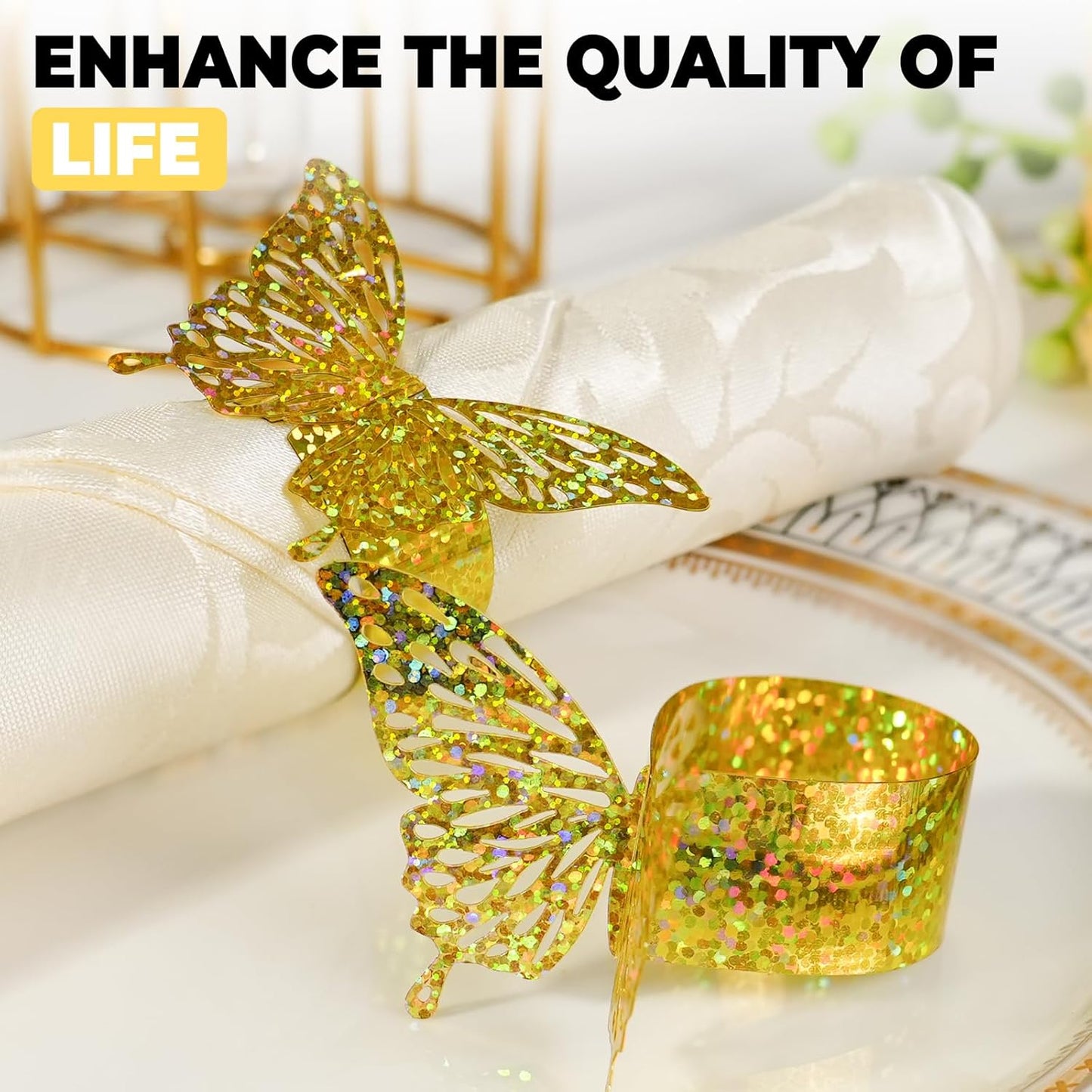 100 Pcs 3D Gold Butterfly Iridescent Napkin Rings Silverware Wraps Bands,Table Setup Sequined Wedding Valentines Day Event Party Supply Settings, Glossy Serviette Buckles Decoration(Gold)