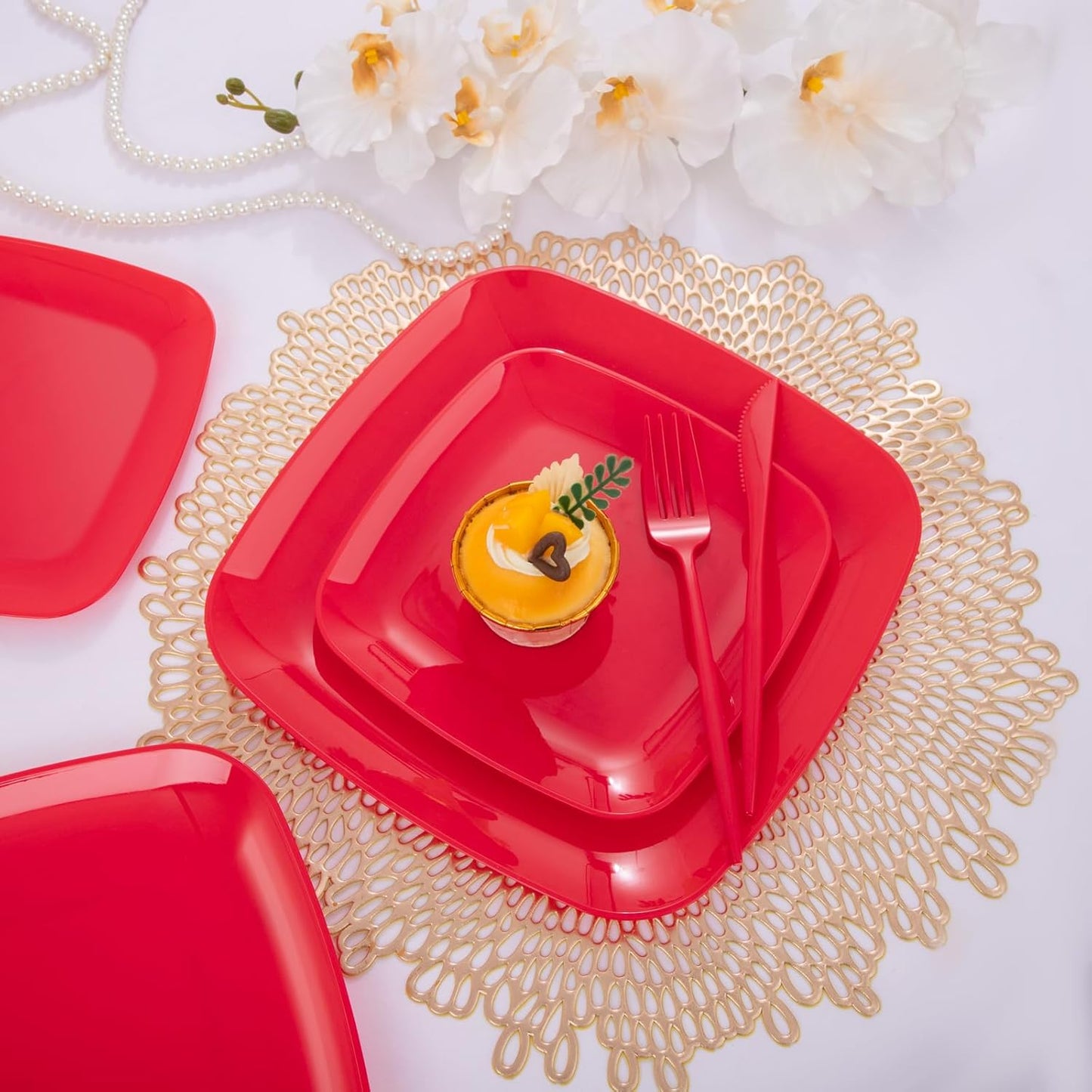 PULOTE 60PCS Red Square Plastic Plates - Red Christmas Disposable for Party Include 30 Dinner and 30 Dessert Plates for 30 Guests