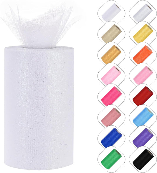 Glitter Tulle Rolls 6” by 50 Yards Sparkle Tulle Fabric Ribbon Sequin Tulle Netting Rolls for DIY Tutu Skirt Wedding Birthday Party Decoration (White/Color)