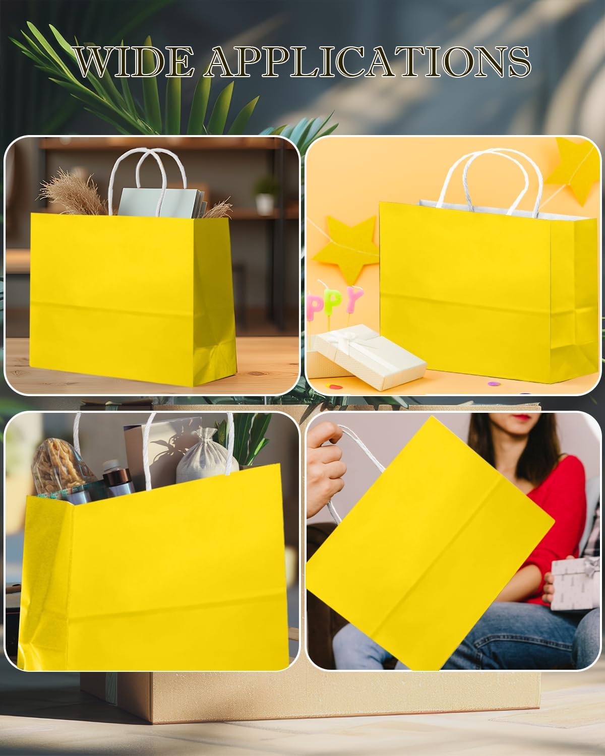 qiqee 50-Packs Bright Yellow Paper Gift Bags with Handles Bulk 12.6"x4.3"x10" Wide Large Size Party Favor Bags Multiple Uses