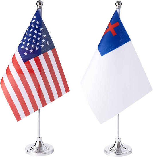 ZXvZYT 2 Pack American US Christian flag USA Christians table flag,Small Mini United States Religion and Belief Desk Flags With Stand Base,for Christian Party Events Celebration Decorations Supplies