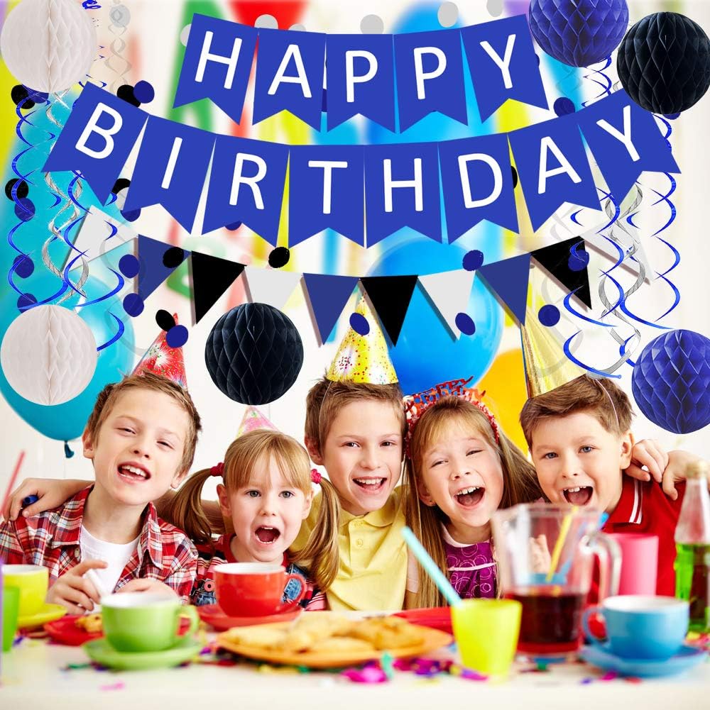 FECEDY Navy Blue White Black Happy Birthday Banner&Cute Flag Bunting Paper Circle Confetti Garland Swirl Streamers Honeycomb Ball for Birthday Party Decorations