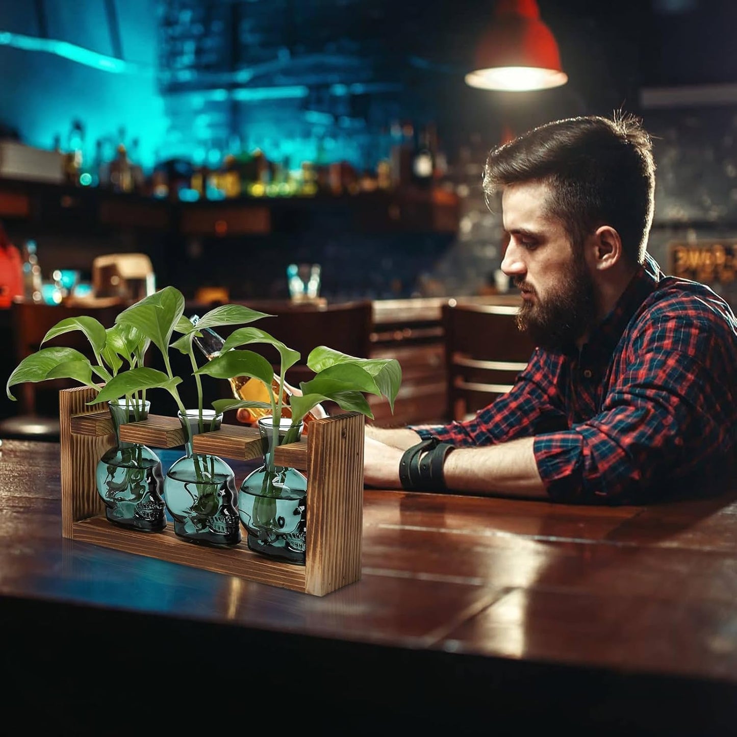 Plant Terrarium Propagation Stations Hydroponics Halloween Skull Planter Vase Skulls Decor with Wooden Stand Gife for Father