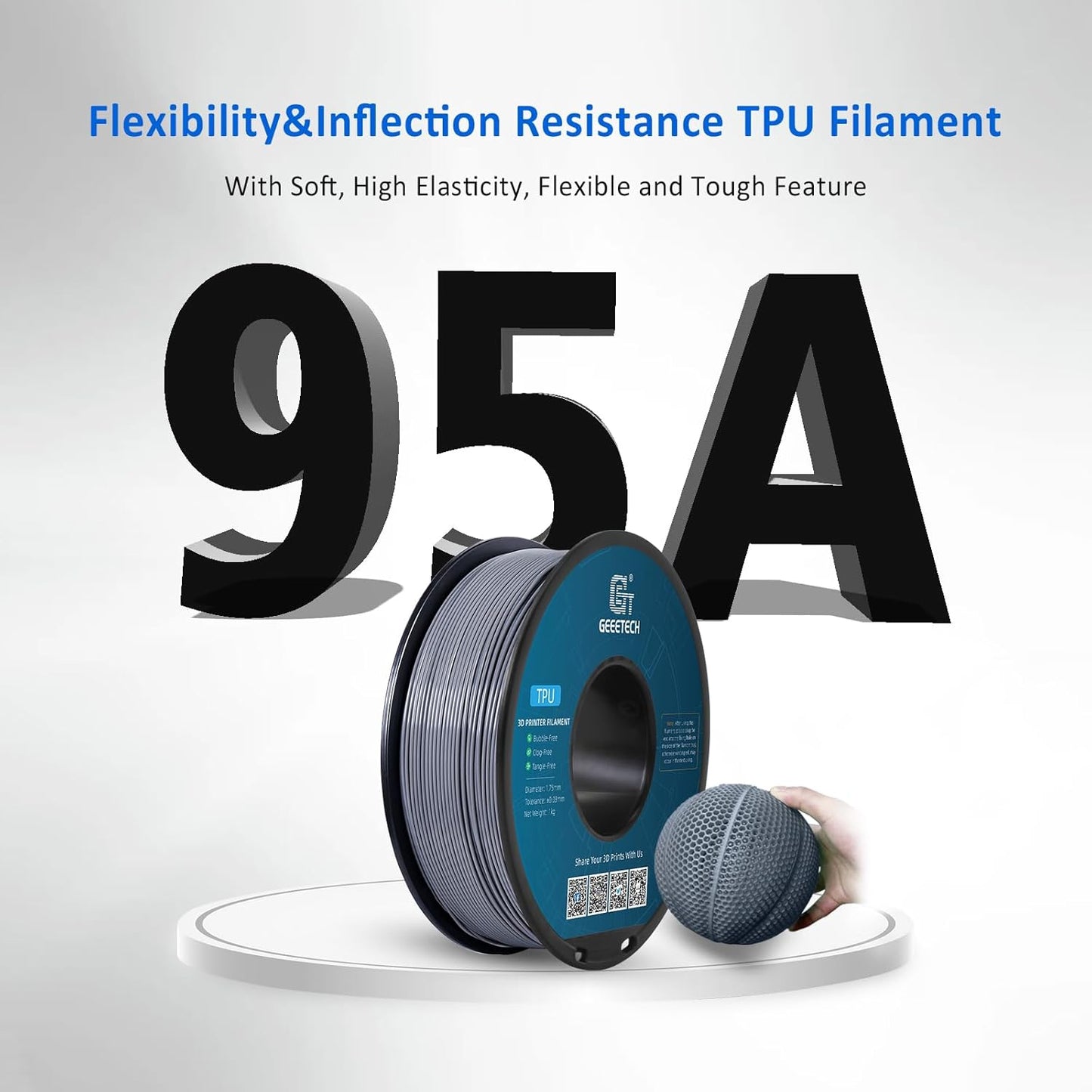 Geeetech TPU Filament 1.75mm, Shore 95A Flexible 3D Printer Filament with High Elasticity, 1KG (2.2lbs) Spool, Dimensional Accuracy ±0.03mm, Fits Most FDM Printers (Clear Silver)