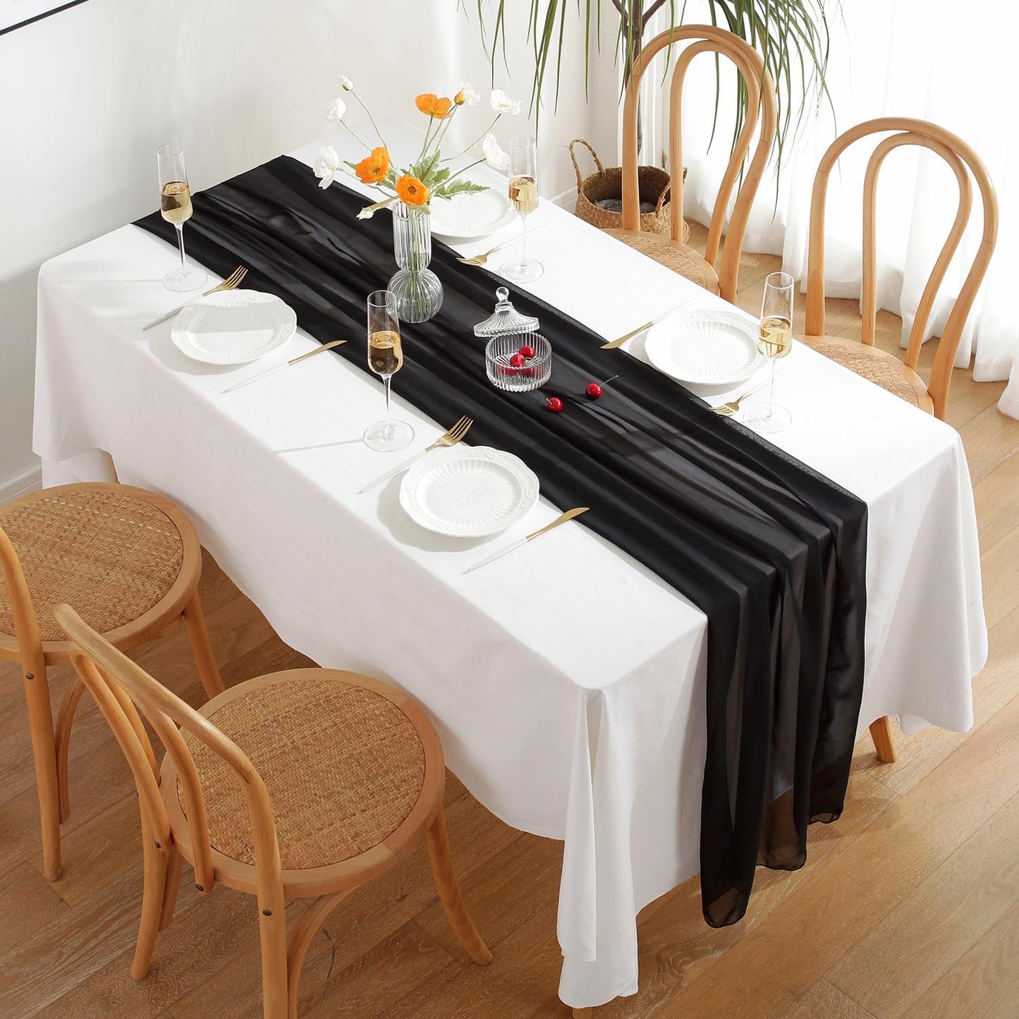 2 Pack 10 Ft Chiffon Table Runner Black Gauze Long Table Runners 27x120 Inches Sheer Tulle Table Runner for Rustic Wedding Reception Bridal Shower Decorations Birthday Party
