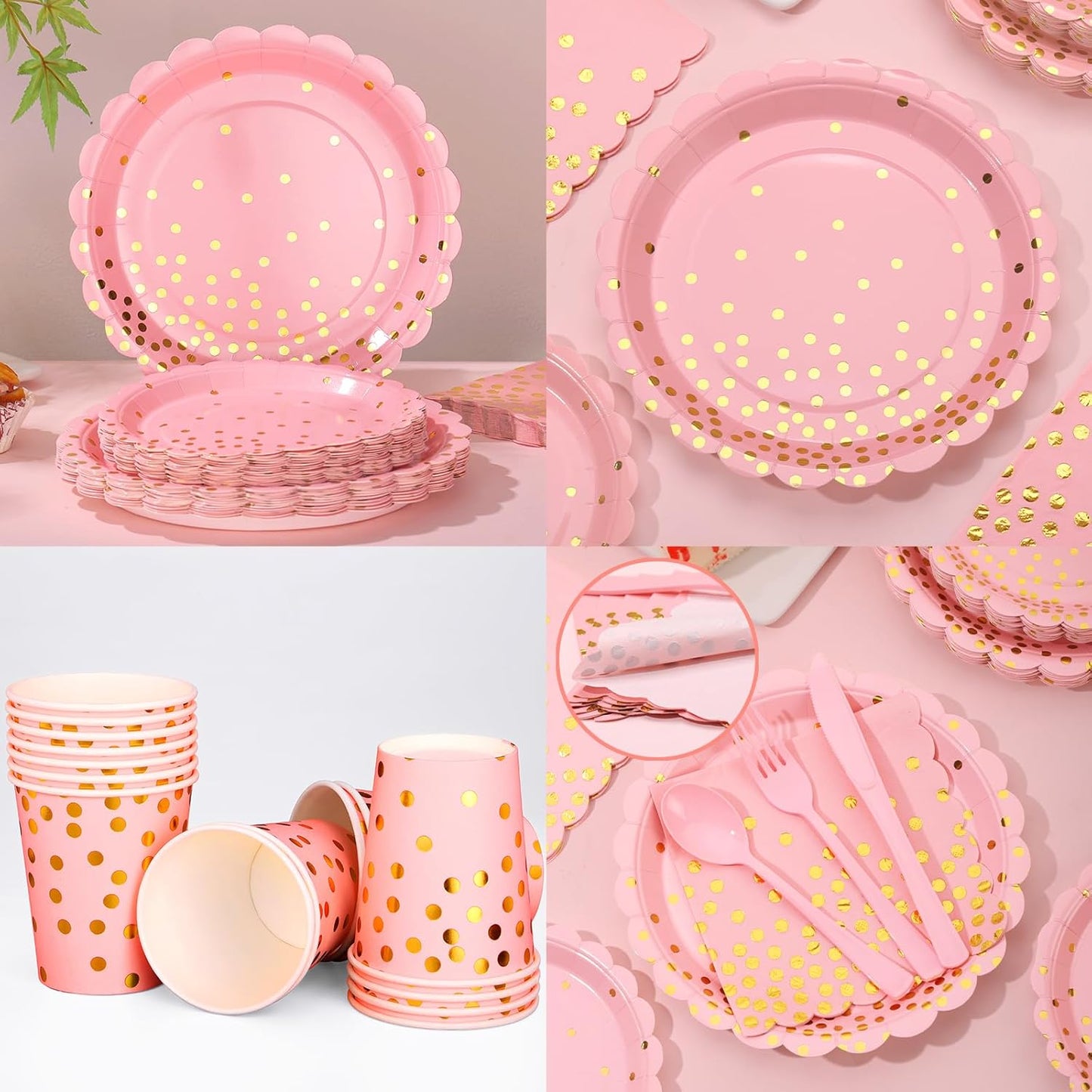 175 Pink Rose Gold Plates Napkins Party Decorations, Pink and Gold Disposable Party Supplies, Plastic Forks Knives Spoons Rose, Golden Dot Paper 9 Inch for Baby Shower Birthday, Severs 25